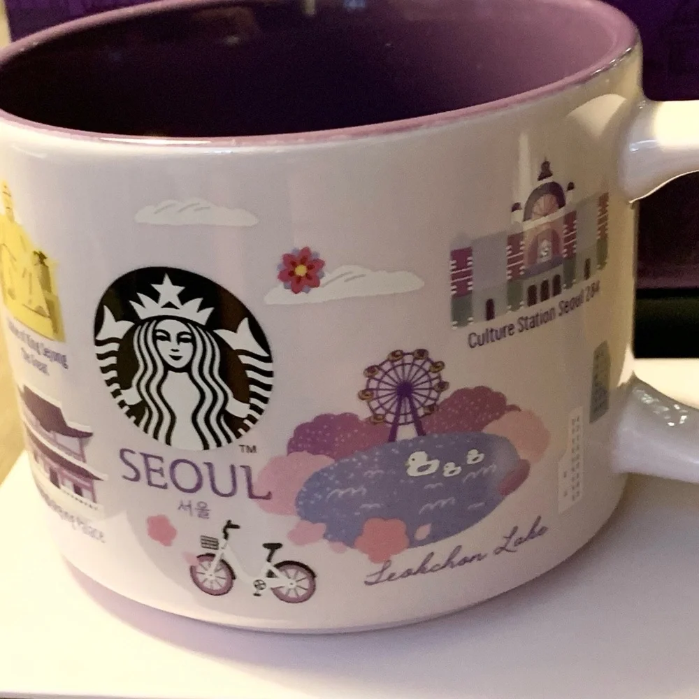 💜 Seoul, Starbucks Korea Mug w Purple & White. Featuring the popular landmarks